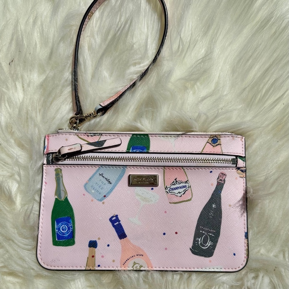 Kate Spade Pink Clutch with Whimsical Champagne Print Wristlet Bag